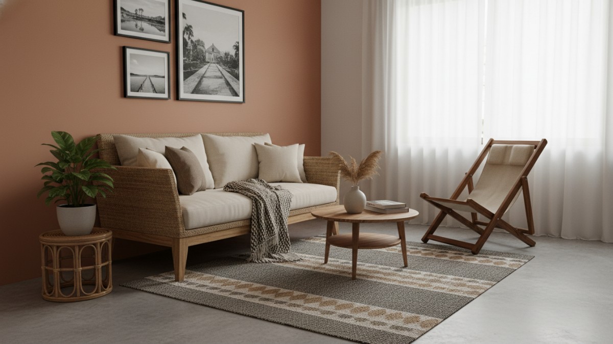 Ruang tamu kecil yang ditata rapi dengan sofa dua dudukan, kursi lipat tambahan, tanaman kecil di sudut ruangan, dan karpet kecil untuk zonasi ruang.