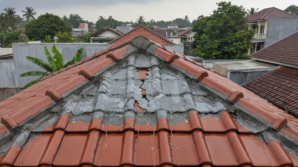 2 Contoh kesalahan menambal genteng menggunakan bahan yang tidak tahan cuaca.