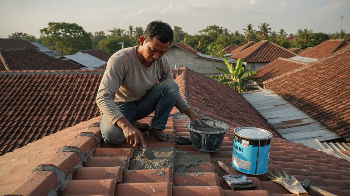 3 Proses memperbaiki genteng retak menggunakan semen dan bahan pelapis anti bocor. 