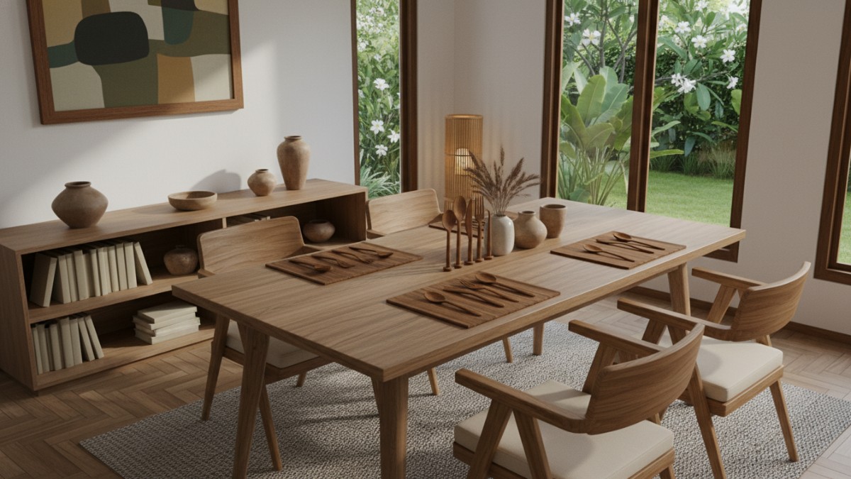 furnitur kayu minimalis di ruang keluarga modern yang menonjolkan tekstur serat kayu alami dan desain estetik rumah masa kini.