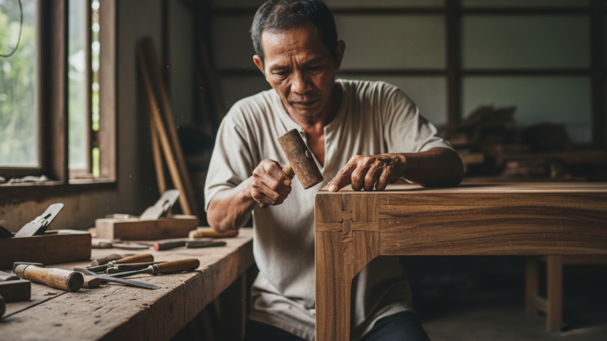  Foto close-up pengrajin furnitur sedang memeriksa sambungan kayu meja menggunakan teknik joinery tradisional untuk memastikan struktur kuat
