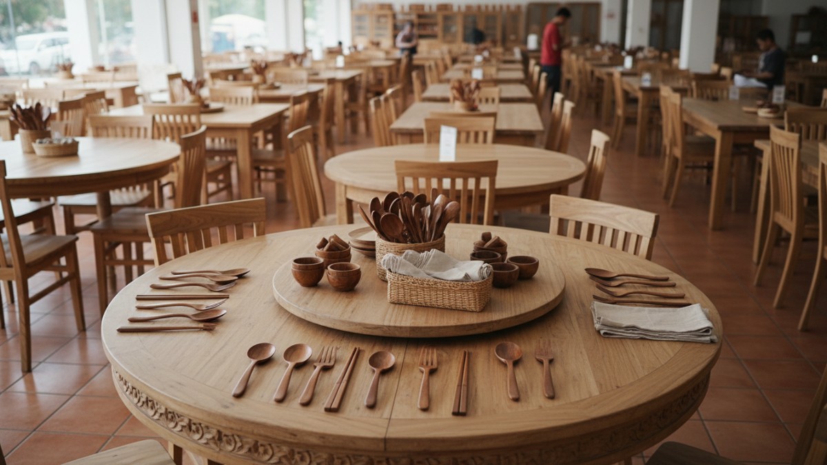 Toko furnitur yang menampilkan berbagai meja dan kursi kayu dengan label harga, menggambarkan variasi produk dari kayu mahoni hingga jati.