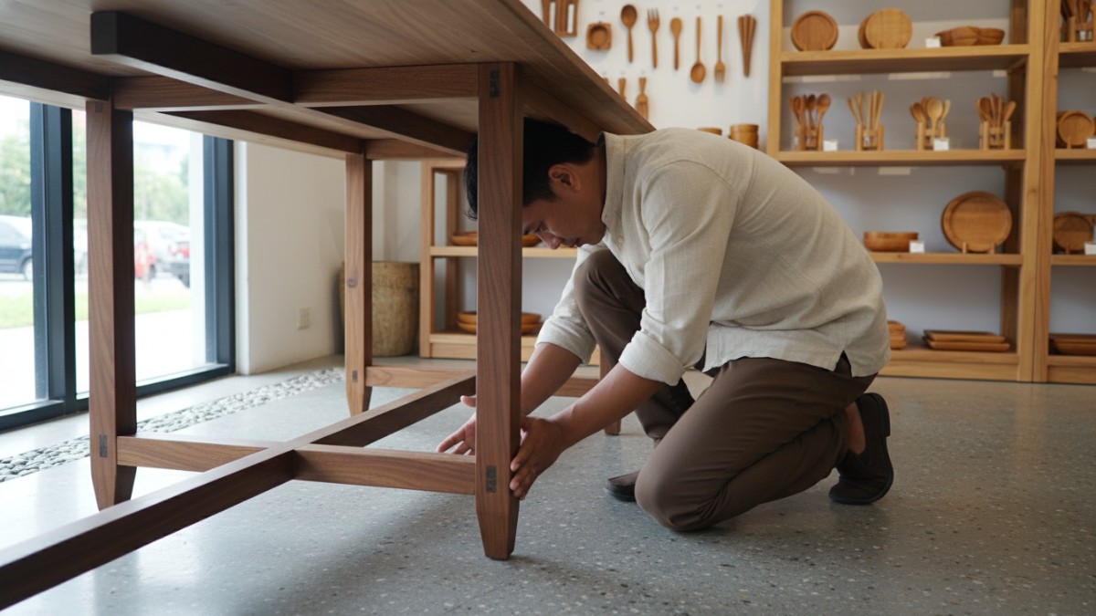 Pembeli sedang memeriksa bagian bawah meja kayu di showroom untuk melihat kualitas bahan dan struktur rangka furnitur.