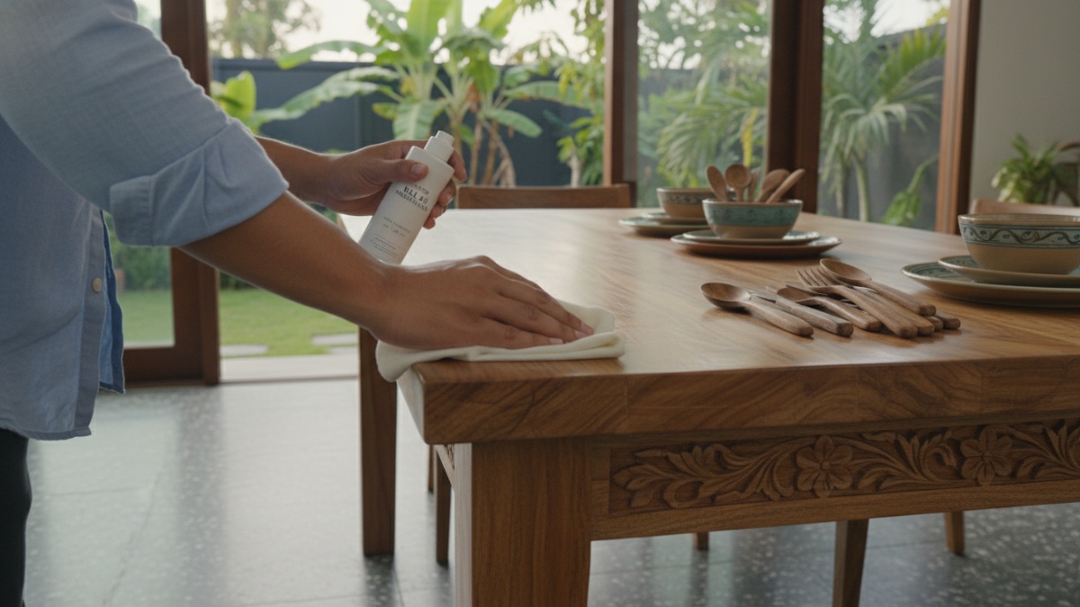 Seseorang membersihkan permukaan meja kayu menggunakan kain lembut dan cairan polish kayu untuk menjaga kilap dan keawetan furnitur.