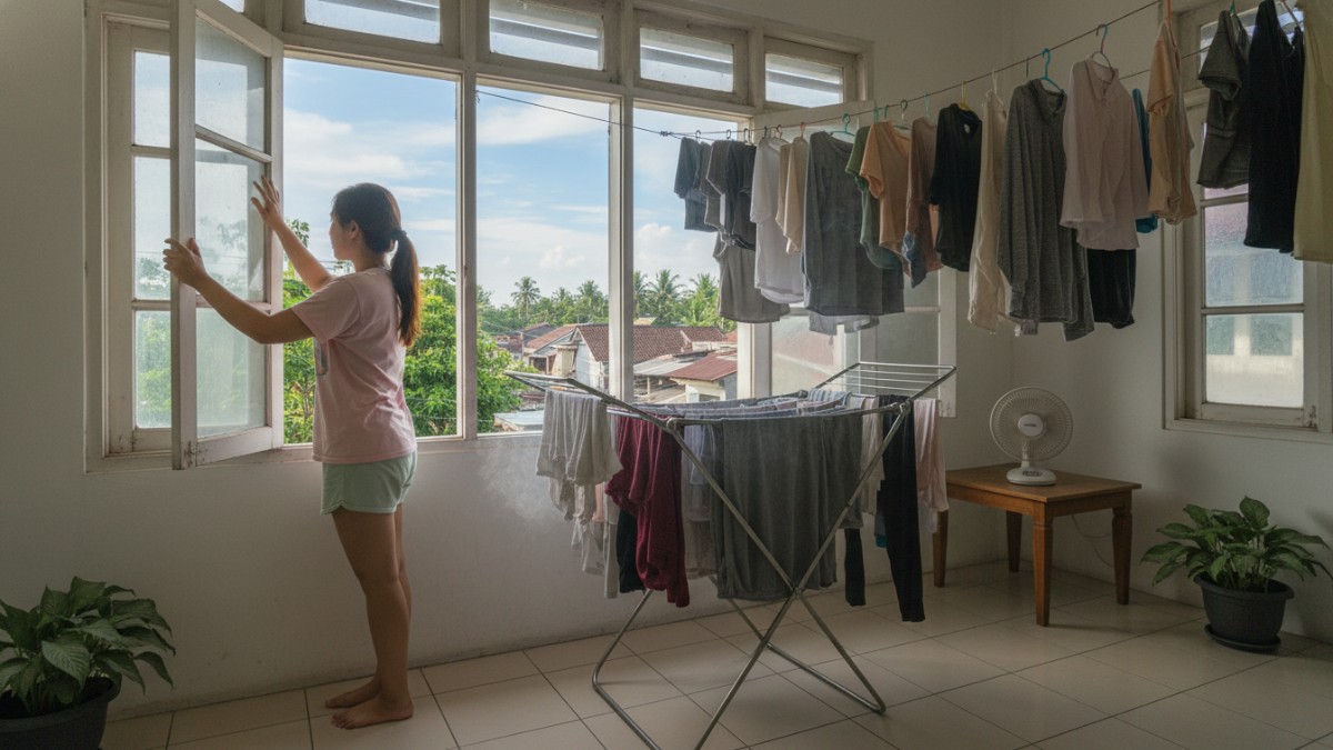  Foto seseorang membuka jendela rumah saat jemuran berada di dalam ruangan untuk membantu sirkulasi udara agar kelembapan berkurang.