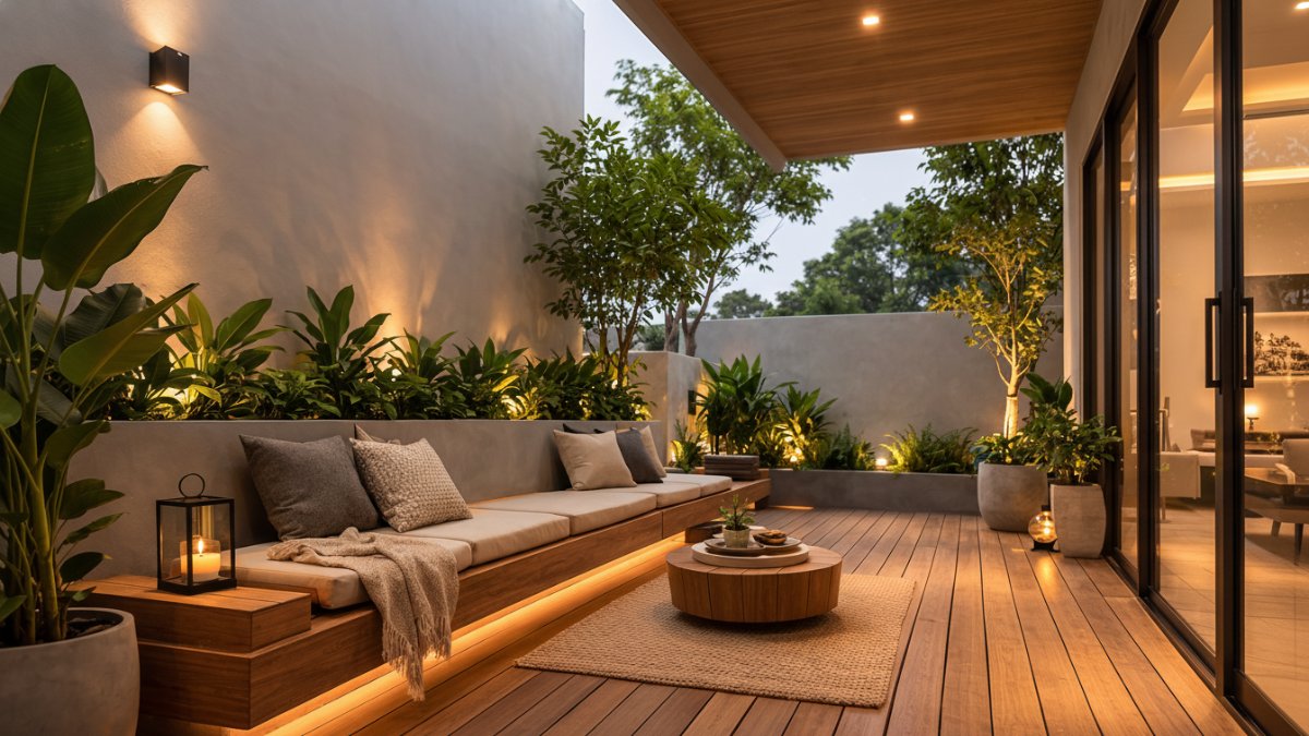 Bangku kayu panjang dengan lantai kayu atau decking.
