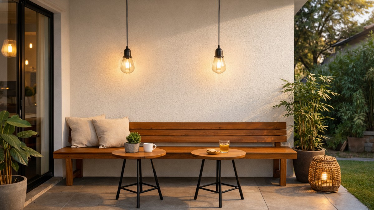 Teras minimalis dengan bangku kayu panjang bergaya kafe outdoor.