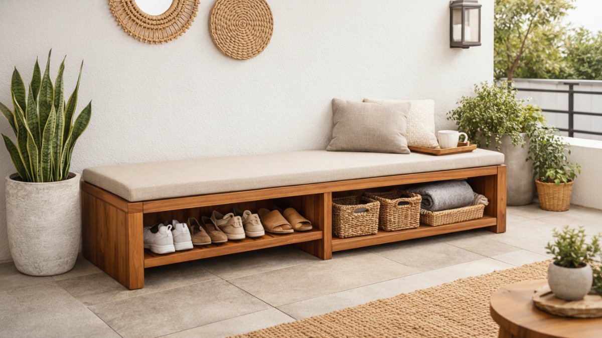 Bangku kayu panjang multifungsi dengan storage di teras minimalis.
