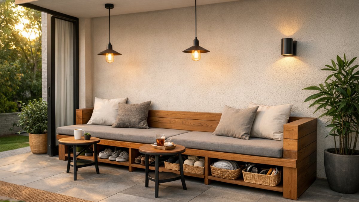 Bangku kayu panjang bergaya kafe outdoor dan multifungsi dengan storage di teras rumah minimalis.