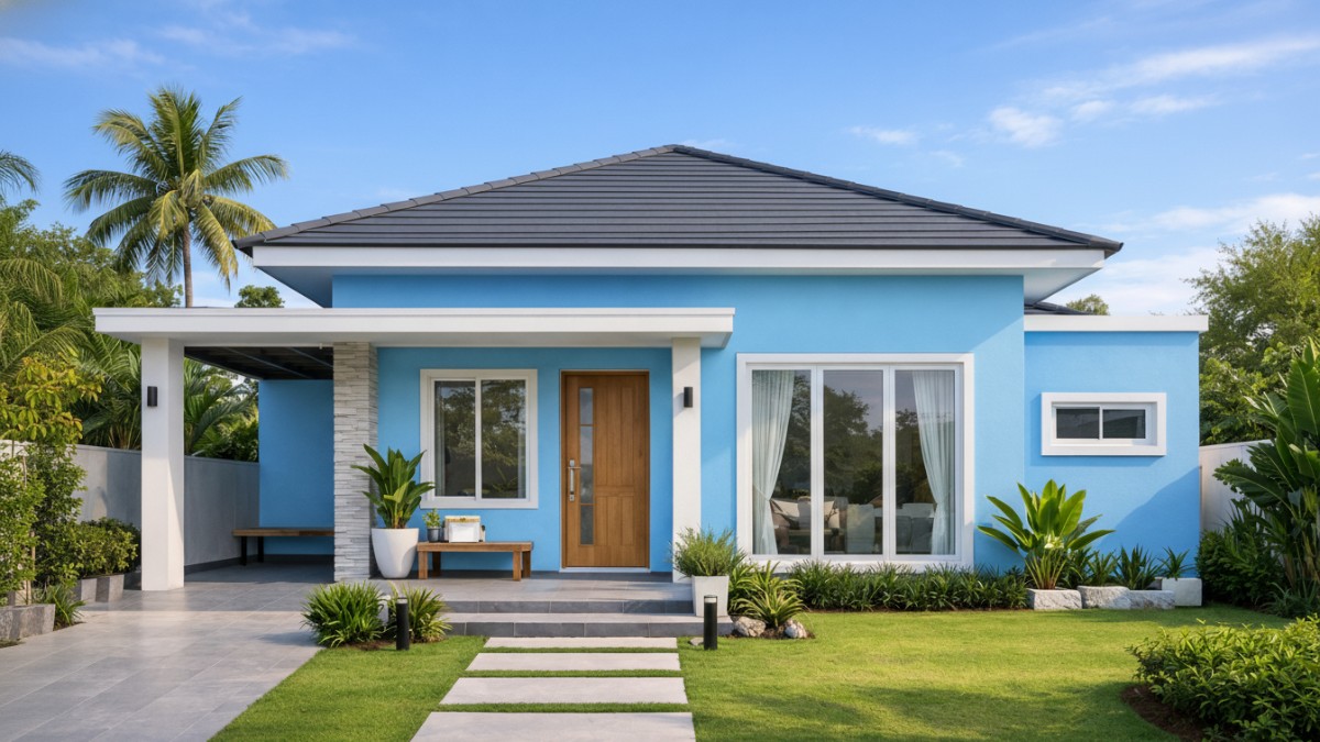 Rumah dengan cat biru muda.