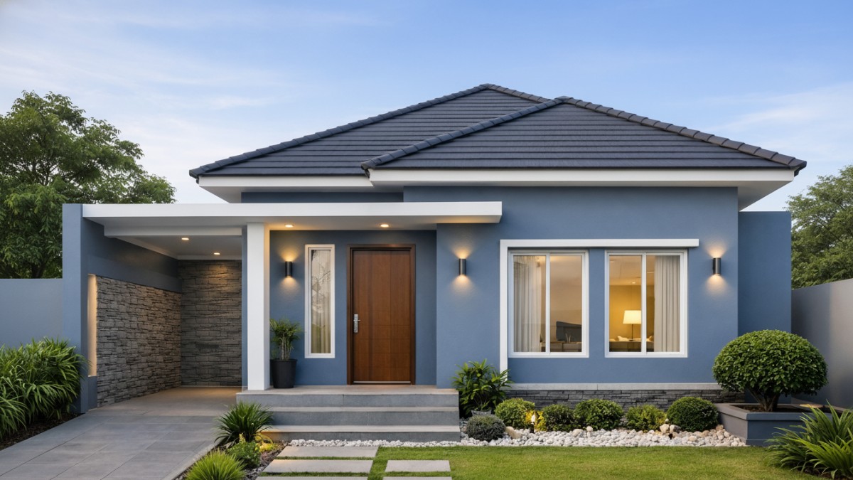 Rumah dengan cat biru abu.