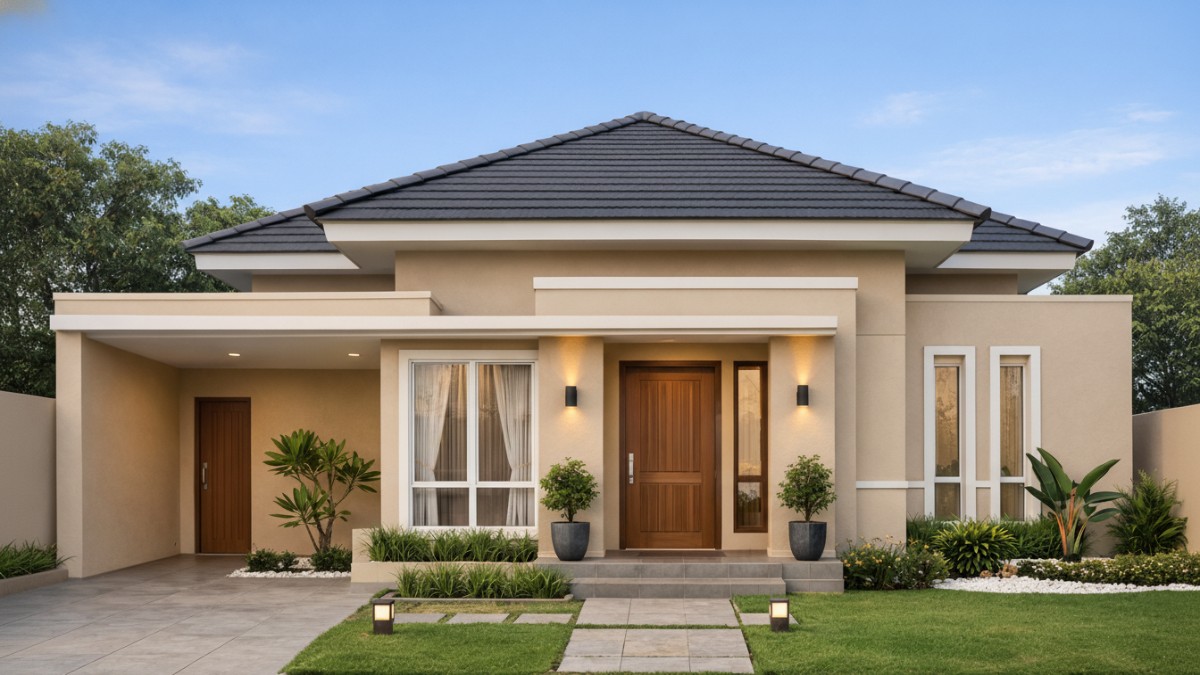 Rumah dengan cat warna beige yang memantulkan panas matahari dan membuat hunian terasa adem.