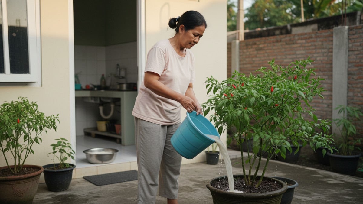 Seseorang di dapur rumah menampung air cucian beras dalam wadah lalu membawanya ke halaman untuk menyiram tanaman cabai di pot, menggambarkan pemanfaatan limbah dapur untuk perawatan tanaman.
