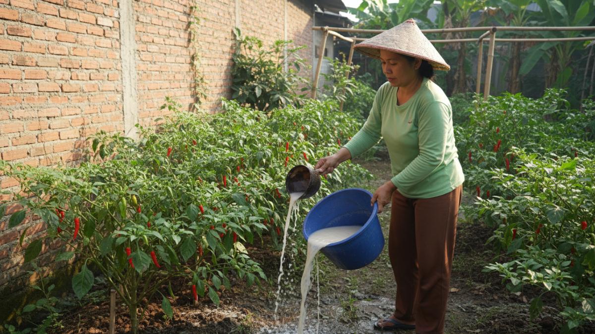 penyiraman tanaman cabai di pekarangan menggunakan air cucian beras yang masih keruh, menunjukkan praktik memanfaatkan sisa nutrisi dar