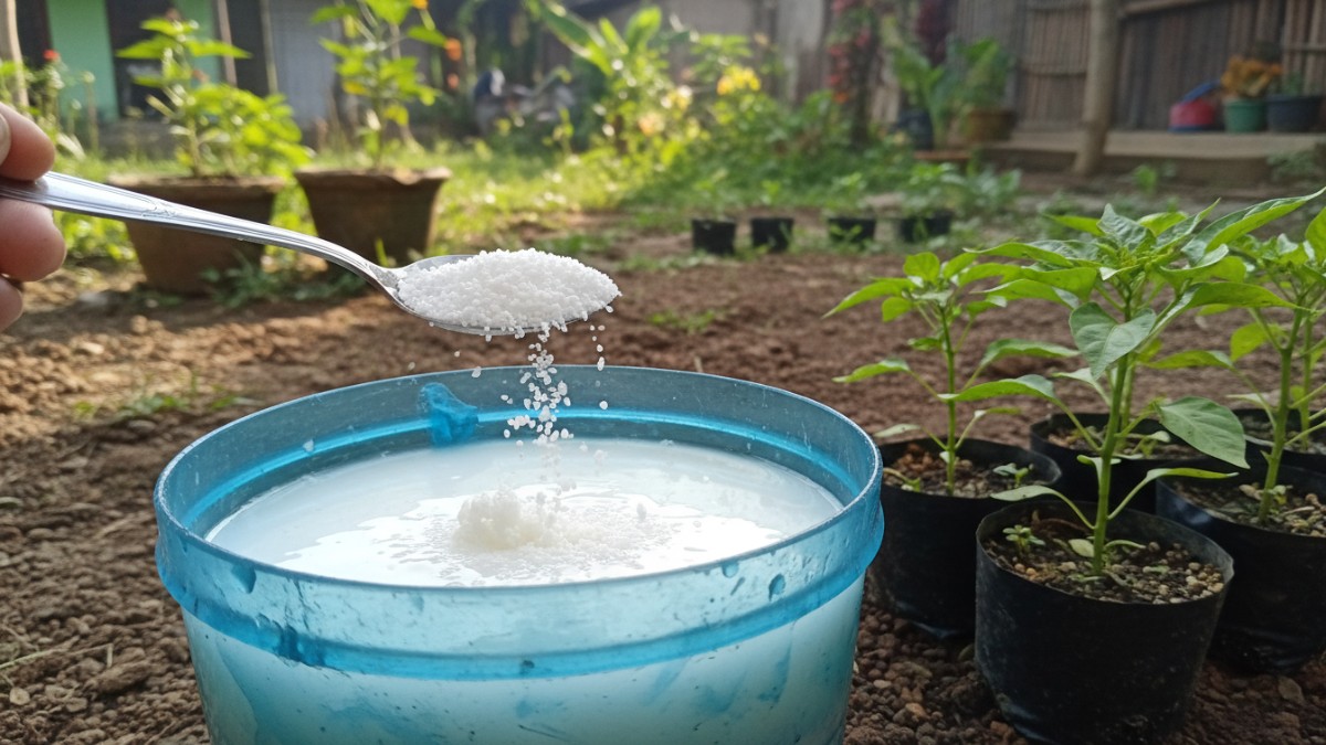 Close-up sendok kecil micin yang dicampurkan ke dalam wadah berisi air cucian beras sebelum digunakan untuk menyiram tanaman cabai.