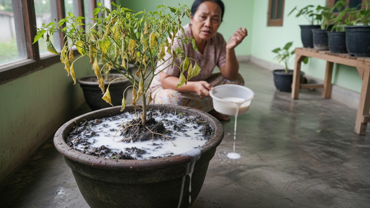 Contoh tanaman cabai dengan tanah terlalu basah karena penyiraman berlebihan menggunakan air cucian beras, menggambarkan kesalahan yang serin