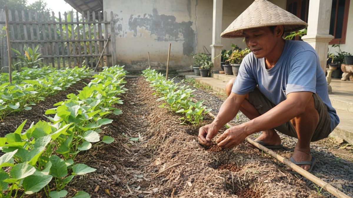 Seseorang menanam benih kangkung di bedengan tanah gembur yang sudah dicampur kompos dengan jarak tanam rapi, menunjukkan teknik sederhana agar tanaman tumbuh sehat.