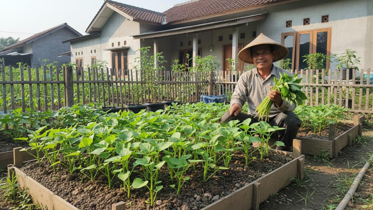 Petani memanen kangkung setinggi sekitar 20&ndash;30 cm dari kebun sayur, menunjukkan ukuran tanaman yang ideal untuk dipetik agar batang masih renyah.