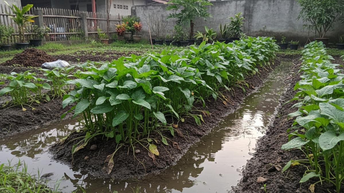 Genangan air hujan terlihat di sekitar tanaman sayur di kebun, memperlihatkan kondisi tanah yang terlalu basah yang dapat menyebabkan akar tanaman mudah rusak.