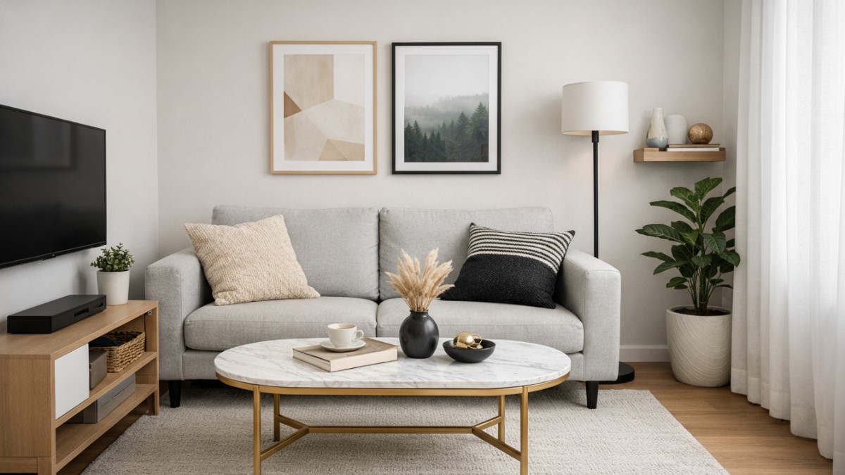 Ruang tamu minimalis modern dengan meja tamu kecil elegan yang membuat ruang sempit terlihat rapi dan nyaman.
