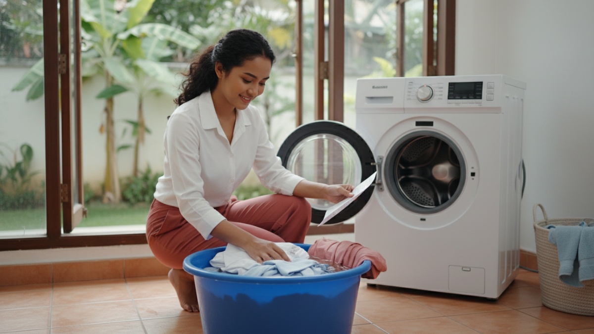 Langkah merendam pakaian baru menggunakan air dingin sebelum dimasukkan ke mesin cuci.