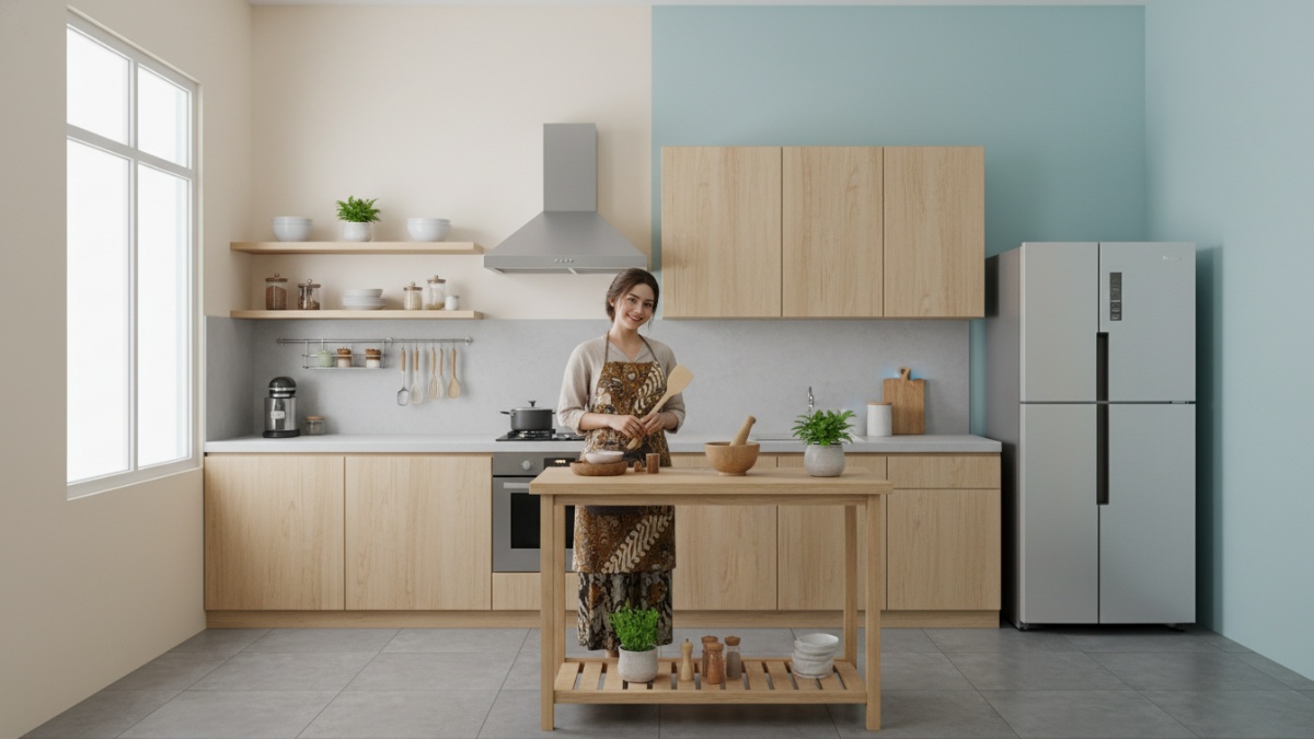 Contoh layout dapur kecil dengan konsep kitchen work triangle yang efisien.
