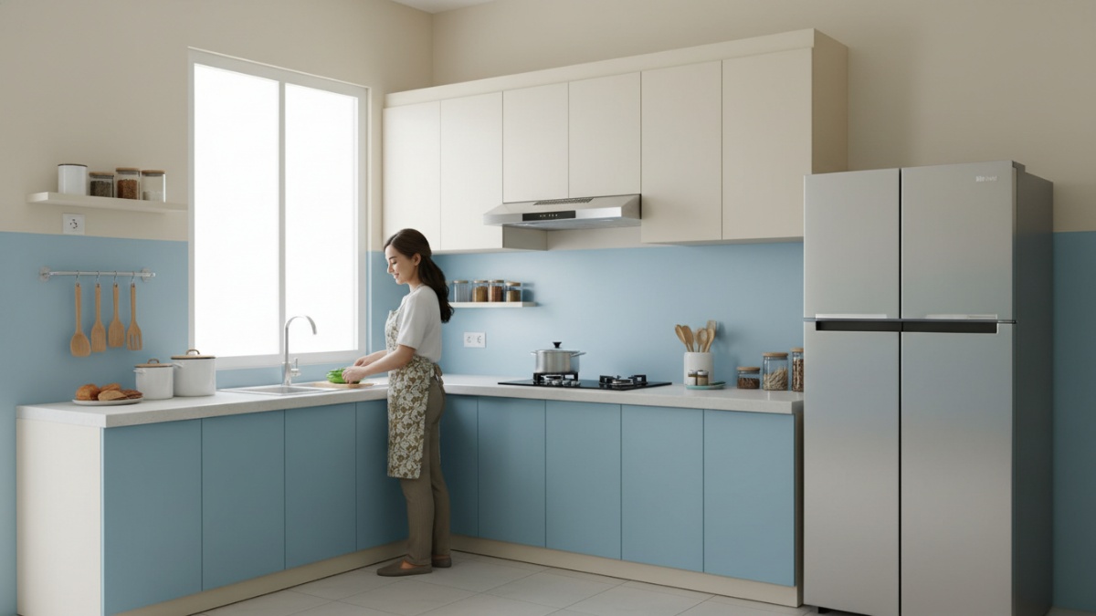 Bentuk L membantu membagi area kompor dan wastafel agar aktivitas masak tidak saling bertabrakan.