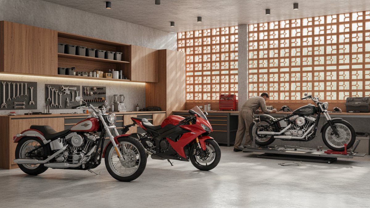 Ruang garasi merangkap ruang hoby dan studio modifikasi motor gede