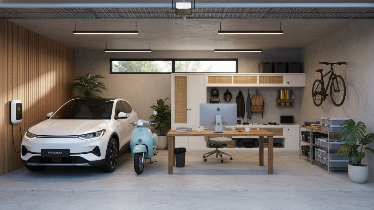 Interior garasi rumah yang digunakan sebagai ruang kerja kreatif dan workshop hobi.