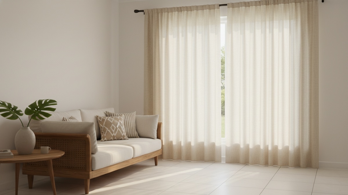 Ruang tamu modern dengan jendela besar dan hordeng linen natural yang memberi kesan hangat dan terang.