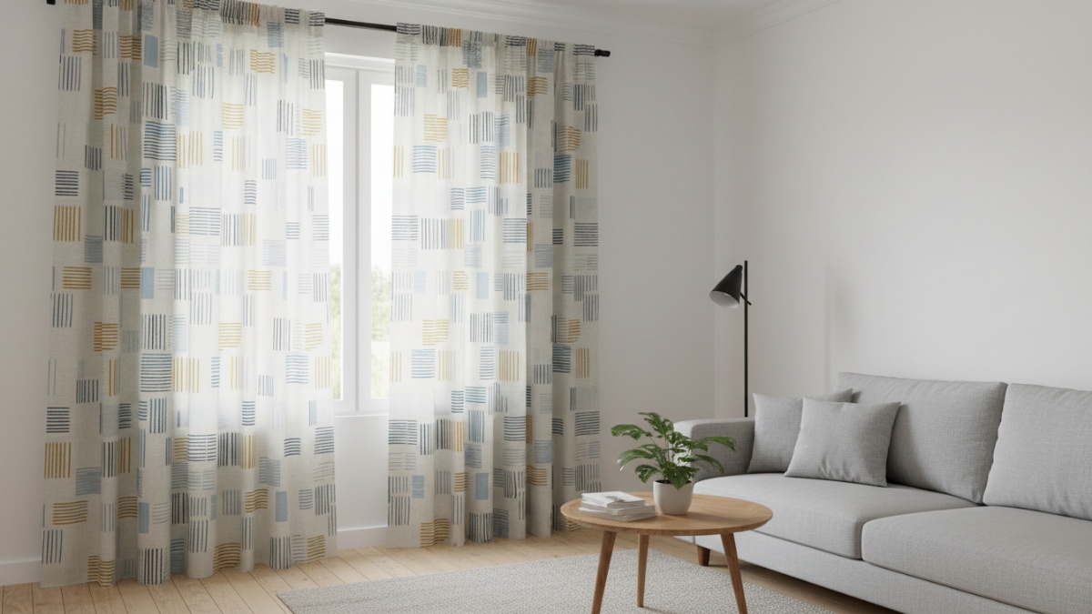 Tirai motif geometris pada ruang tamu minimalis dengan dekorasi sederhana