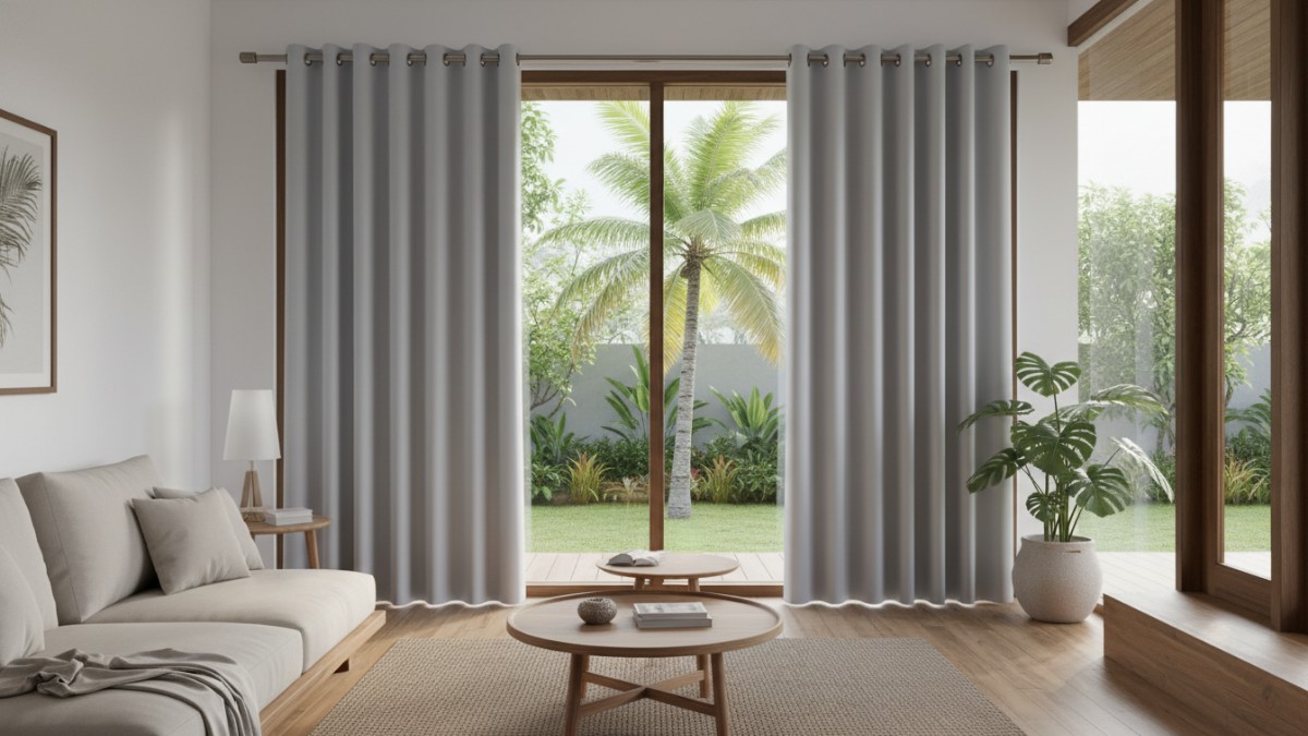 Hordeng dua layer dengan kombinasi sheer curtain dan tirai blackout di ruang tamu modern.