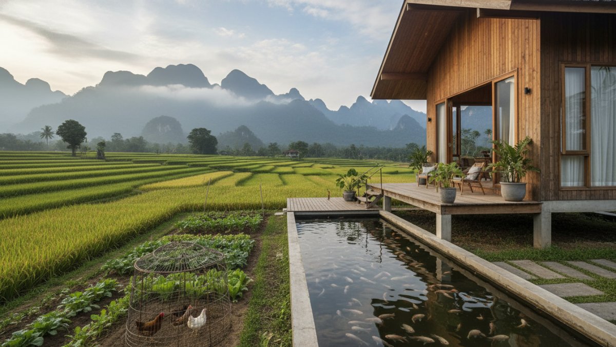 Rumah minimalis pedesaan dengan teras menghadap sawah dan kolam ikan kecil menciptakan suasana hunian alami yang menenangkan.