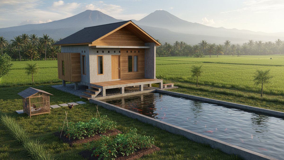 Rumah minimalis pedesaan dengan teras menghadap sawah dan kolam ikan kecil menciptakan suasana hunian alami yang menenangkan.