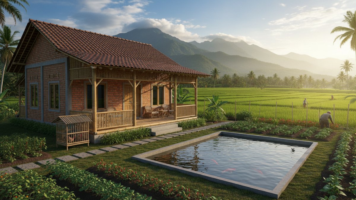 Contoh rumah bata ekspos pedesaan dengan teras bambu yang terasa hangat