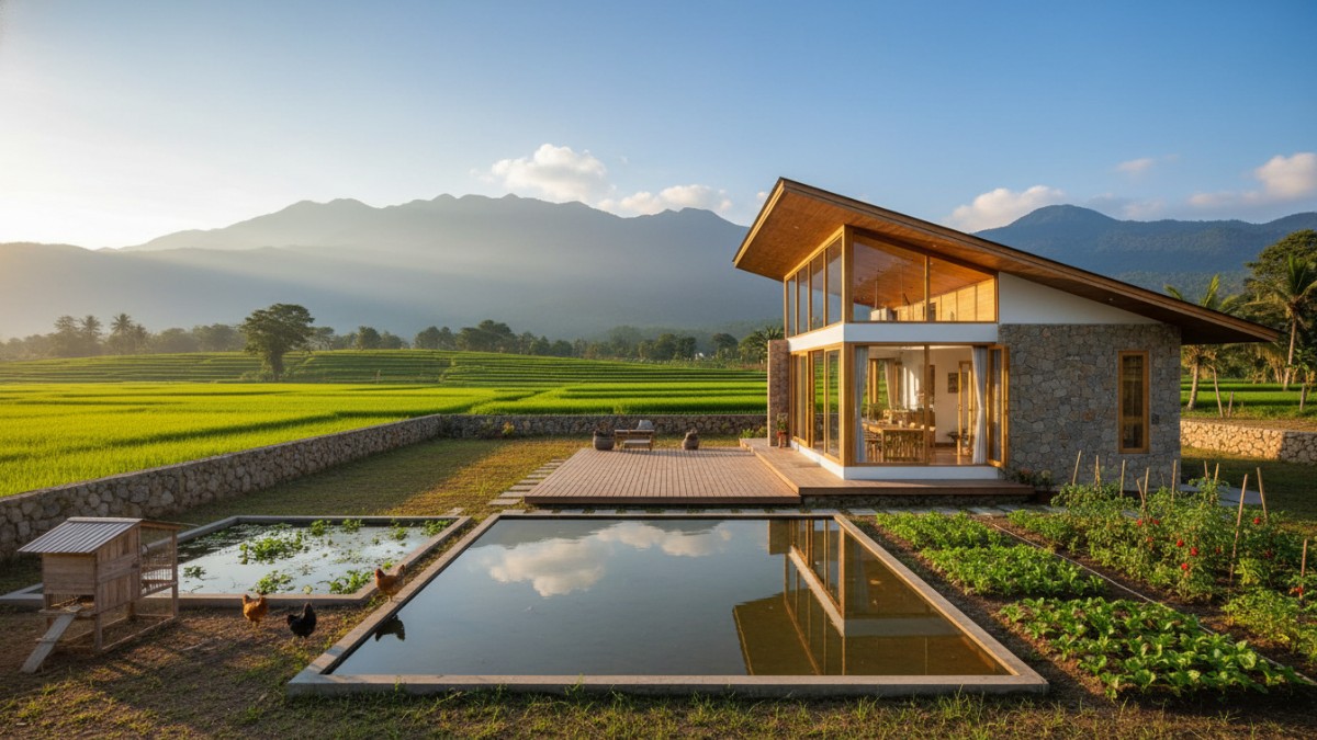 Desain rumah minimalis pedesaan dengan teras terbuka menghadap hamparan sawah hijau.