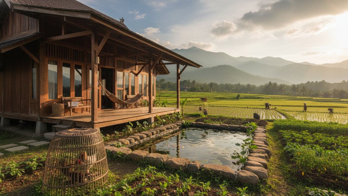 Halaman rumah desa dengan kolam ikan dan tanaman tropis menciptakan suasana santai.