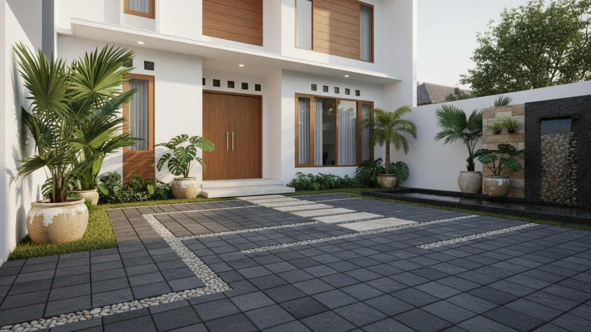 Kombinasi paving dan batu alam