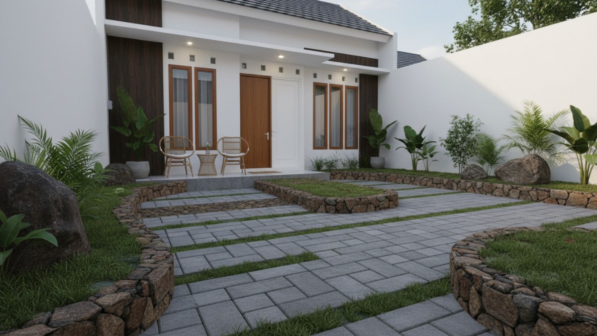 Halaman rumah minimalis dengan desain paving estetik yang membuat lahan sempit terlihat rapi dan modern.
