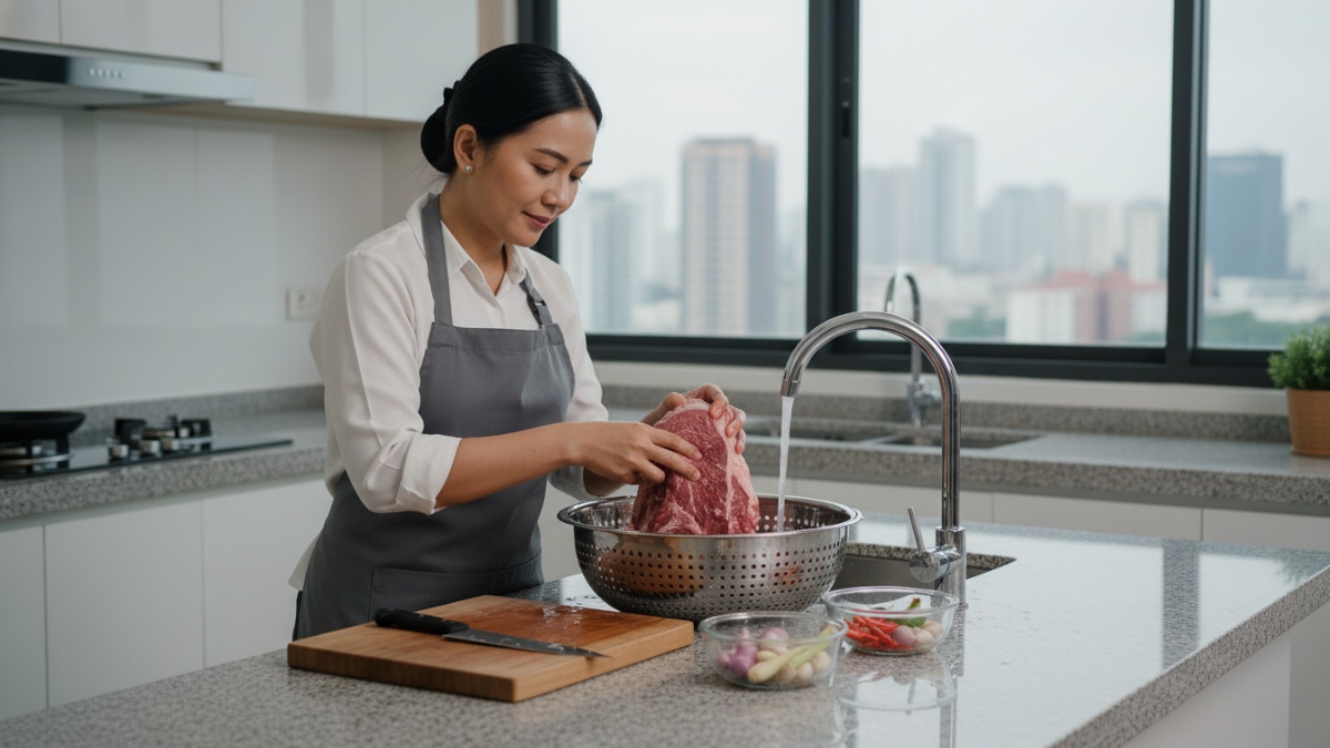 Ilustrasi daging sapi mentah di dapur yang sedang dibersihkan menggunakan wadah khusus. 