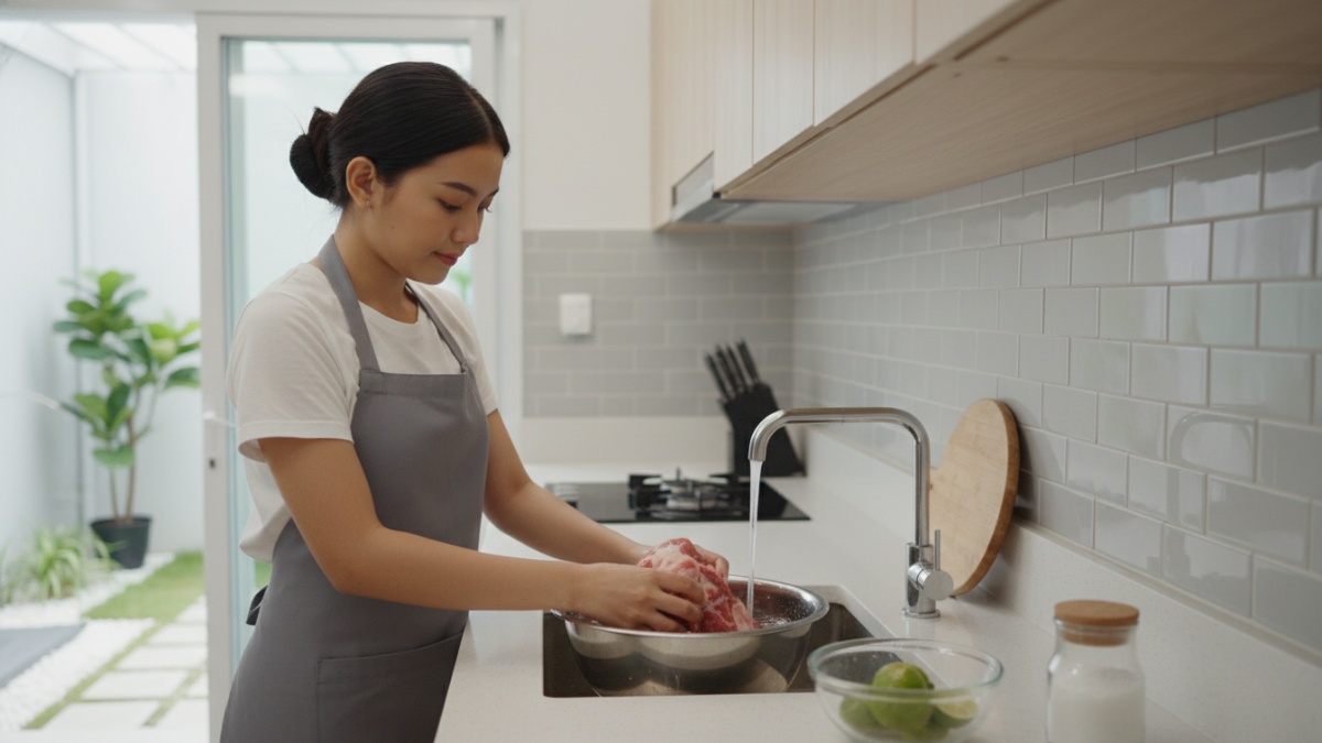 Contoh kesalahan umum saat mencuci daging mentah di dapur rumah. 