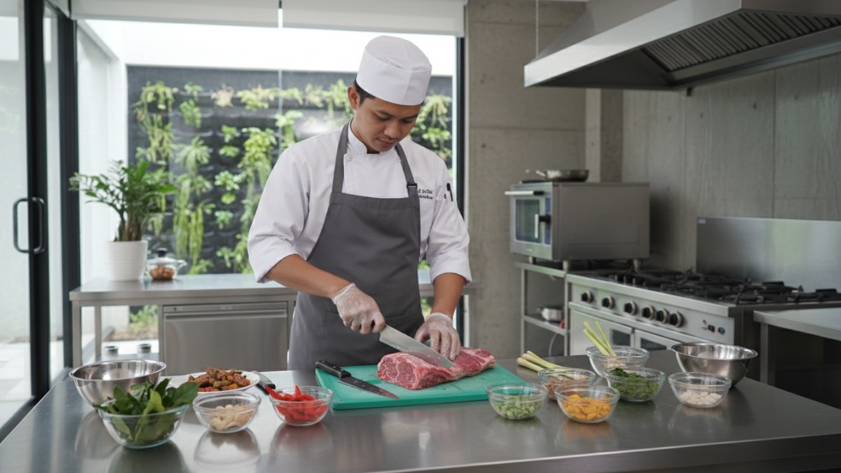 Chef profesional menyiapkan daging sapi dengan teknik kebersihan dapur yang tepat. 
