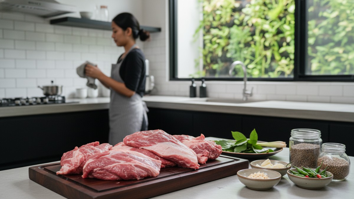 Potongan daging kambing mentah yang siap diolah di dapur. 