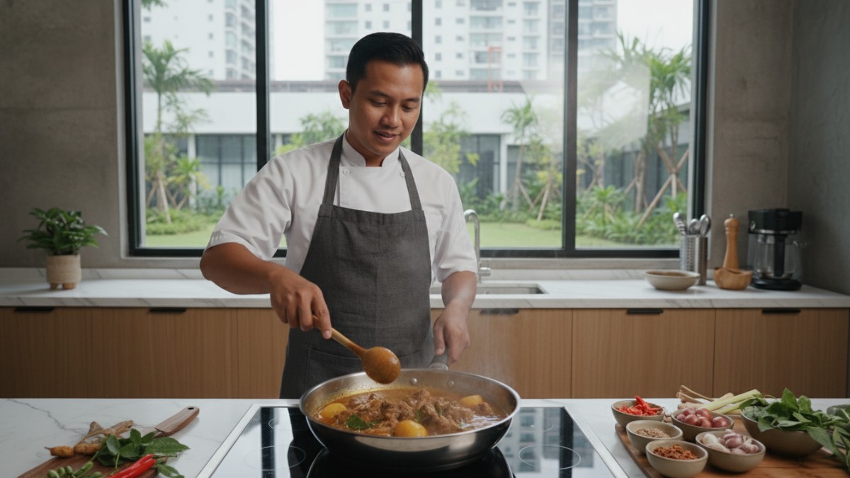 Chef memasak gulai kambing dengan teknik memasak lambat. 