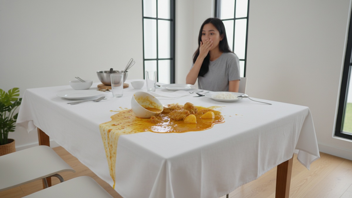 Taplak meja putih terkena tumpahan kuah gulai di meja makan rumah. 