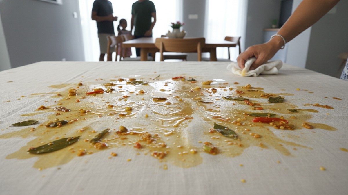 Noda minyak dan rempah gulai pada kain taplak meja setelah makan bersama. 