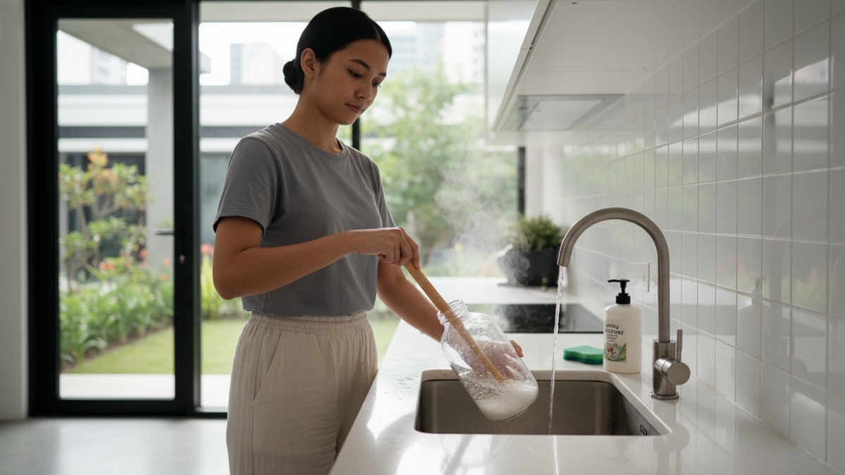 Proses membersihkan toples dengan air hangat dan baking soda di wastafel dapur. 