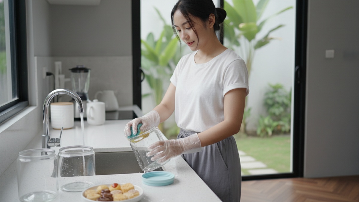 Toples kue dengan tutup karet yang dilepas untuk dibersihkan secara menyeluruh. 