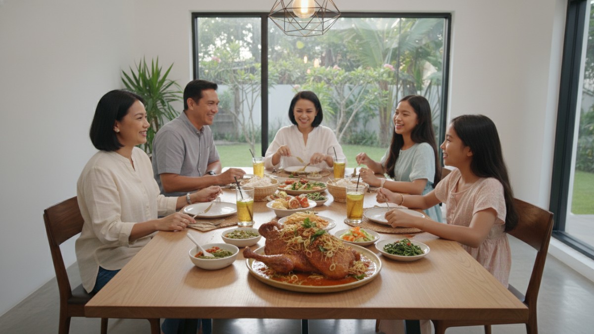 Masakan bebek Lebaran dengan bumbu rempah Nusantara yang menggugah selera di meja makan keluarga. 