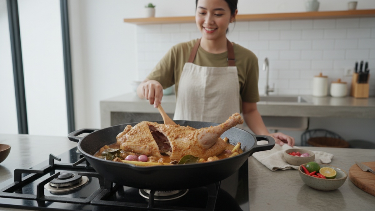 Bebek dimasak dengan bumbu ungkep dalam wajan dapur tradisional. 